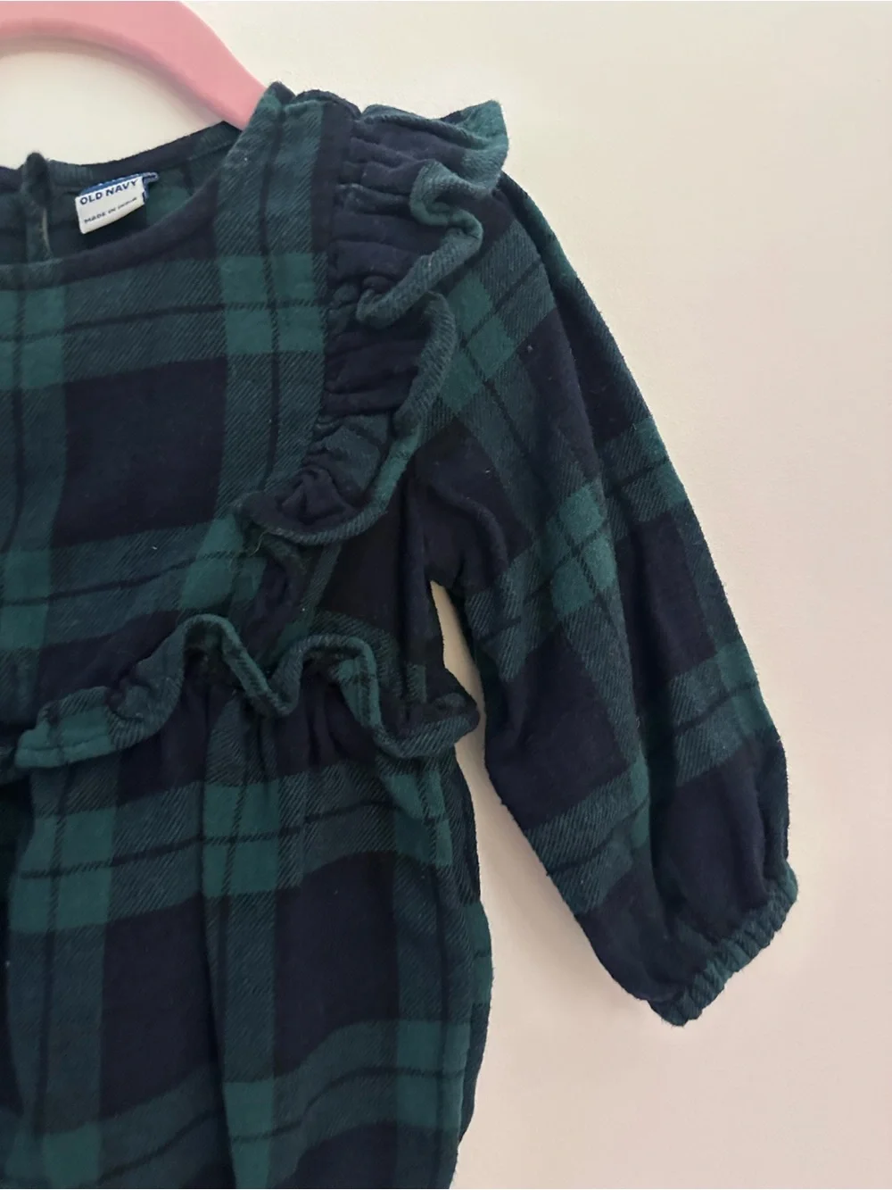 Old Navy Baby Girl Green & Dark Navy Plaid Ruffle-Trim Romper Size 12-18 Months